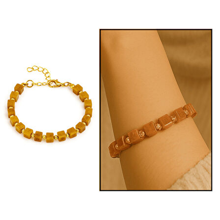 Gold Renk Metal Zincirli Dorika Süslemeli Küp Kesim Hardal Rengi Doğal Damla Kehribar Kadın Bileklik