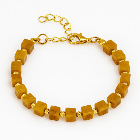 Gold Renk Metal Zincirli Dorika Süslemeli Küp Kesim Hardal Rengi Doğal Damla Kehribar Kadın Bileklik