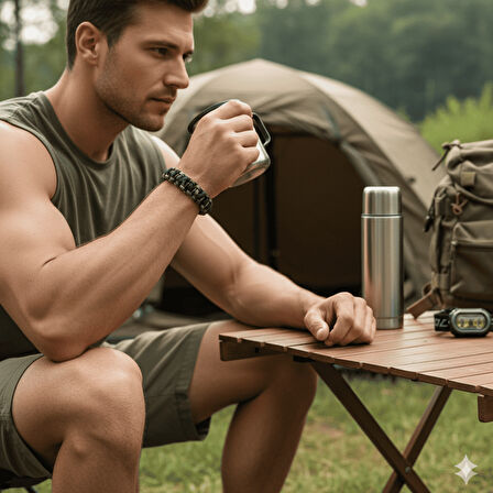 Pusulalı Çakmaklı Taktik Paracord Bileklik - Asker Kamuflaj Desen - Kamp ve Doğa Sporları İçin