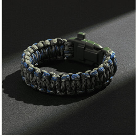 Pusulalı Çakmaklı Taktik Paracord Bileklik - Orman Mavi Kamuflaj Desen - Kamp ve Doğa Sporları İçin