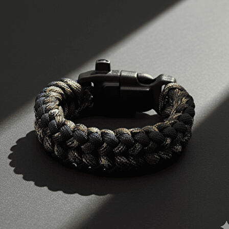 Pusulalı Çakmaklı Taktik Paracord Bileklik - Gece Kamuflaj Desen - Kamp ve Doğa Sporları İçin
