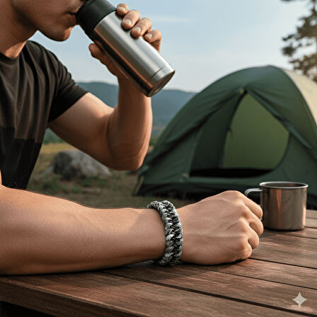 Pusulalı Çakmaklı Taktik Paracord Bileklik - Şehir Mavi Kamuflaj Desen - Kamp ve Doğa Sporları İçin