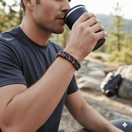 Pusulalı Çakmaklı Taktik Paracord Bileklik - Toprak Mor Kamuflaj Desen - Kamp ve Doğa Sporları İçin