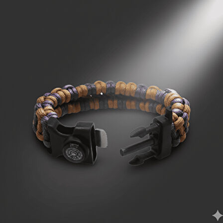 Pusulalı Çakmaklı Taktik Paracord Bileklik - Toprak Mor Kamuflaj Desen - Kamp ve Doğa Sporları İçin