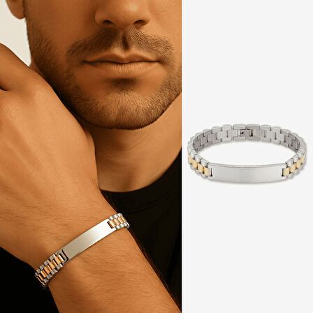 Erkek Çelik Bileklik - İsme Özel Yazılı - Gümüş Altın Renk - Kalın Formlu