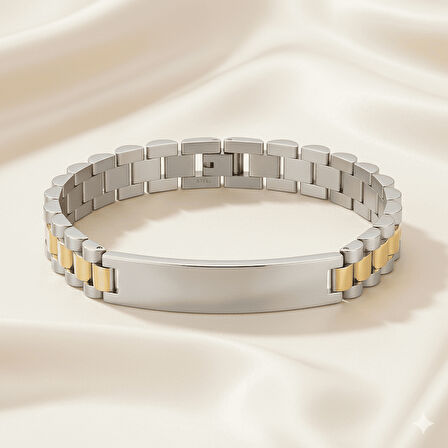 Erkek Çelik Bileklik - İsme Özel Yazılı - Gümüş Altın Renk - Kalın Formlu