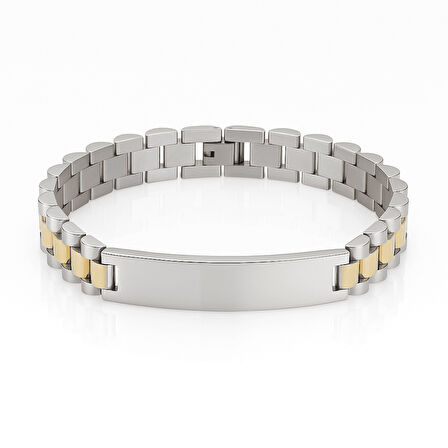 Erkek Çelik Bileklik - İsme Özel Yazılı - Gümüş Altın Renk - Kalın Formlu