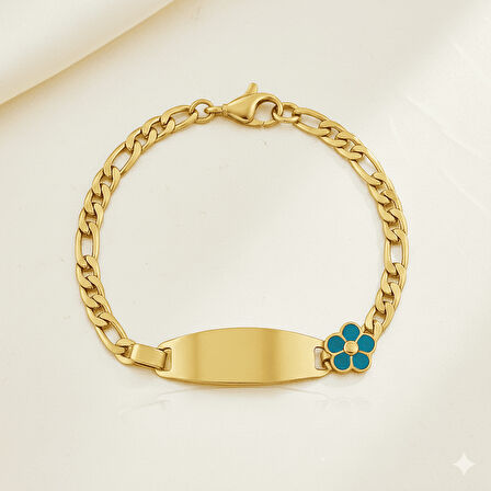 Çocuk Çelik Bileklik - İsme Özel Yazılı - Altın Renk - Turkuaz Papatya Detaylı - Figaro Zincirli
