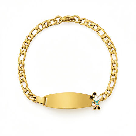 Çocuk Çelik Bileklik - İsme Özel Yazılı - Altın Renk - Mickey Mouse Figürlü - Figaro Zincirli