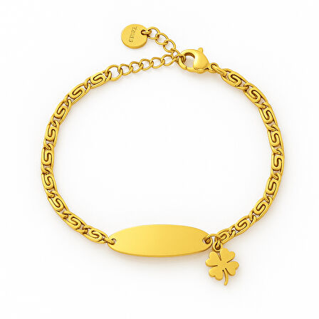 Çocuk Çelik Bileklik - İsme Özel Yazılı - Altın Renk - Yonca Yaprağı Detaylı - Espanzer Zincirli