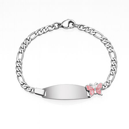 Çocuk Çelik Bileklik - İsme Özel Yazılı - Gümüş Renk - Pembe Kelebek Figürlü - Figaro Zincirli