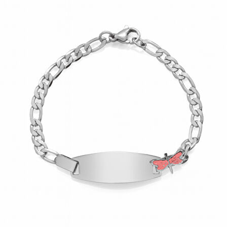 Çocuk Çelik Bileklik - İsme Özel Yazılı - Gümüş Renk - Pembe Yusufcuk Figürlü - Figaro Zincirli