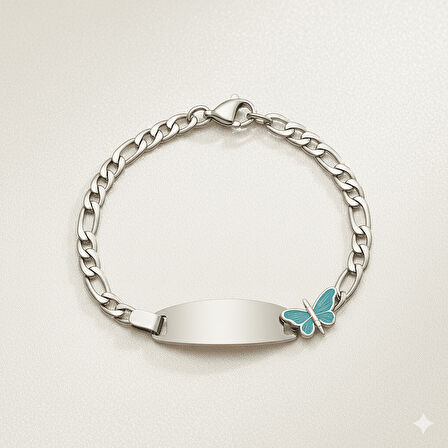 Çocuk Çelik Bileklik - İsme Özel Yazılı - Gümüş Renk - Turkuaz Kelebek Figürlü - Figaro Zincirli