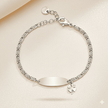 Çocuk Çelik Bileklik - İsme Özel Yazılı - Gümüş Renk - Yonca Yaprağı Detaylı - Espanzer Zincirli