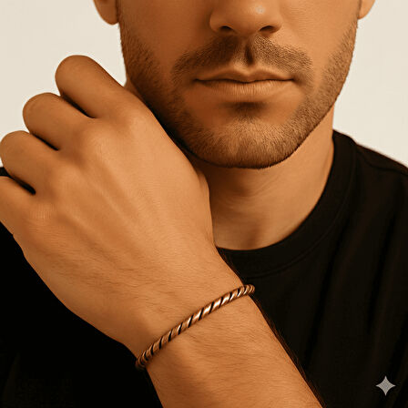 Erkek Bakır Bileklik - Otantik Oval Burma Tasarım - Ayarlanabilir Yapı