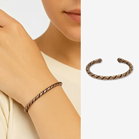 Kadın Bakır Bileklik - Otantik Oval Burma Tasarım - Ayarlanabilir Yapı