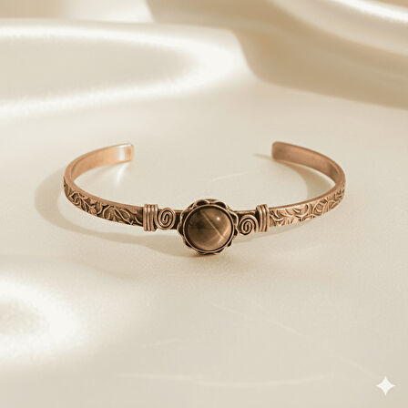 Erkek Bakır Bileklik - Kaplan Gözü Doğaltaşlı - Otantik Tasarım - Ayarlanabilir Yapı