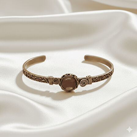 Erkek Bakır Bileklik - Pembe Kuvars Doğaltaşlı - Otantik Tasarım - Ayarlanabilir Yapı