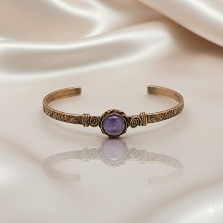 Kadın Bakır Bileklik - Ametist Doğaltaşlı - Otantik Tasarım - Ayarlanabilir Yapı