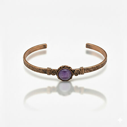 Kadın Bakır Bileklik - Ametist Doğaltaşlı - Otantik Tasarım - Ayarlanabilir Yapı