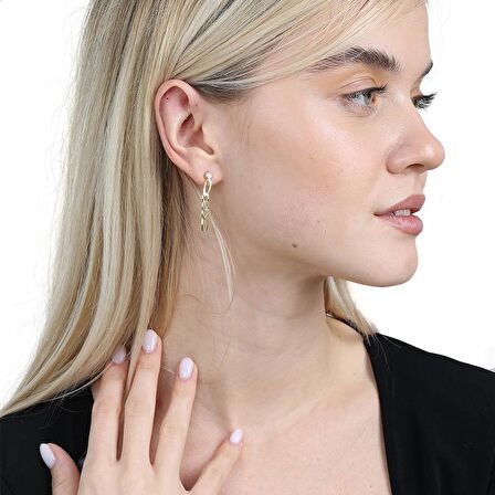 Zincir Tasarım Yarım Tur Gold Renk 925 Ayar Gümüş Kadın Küpe