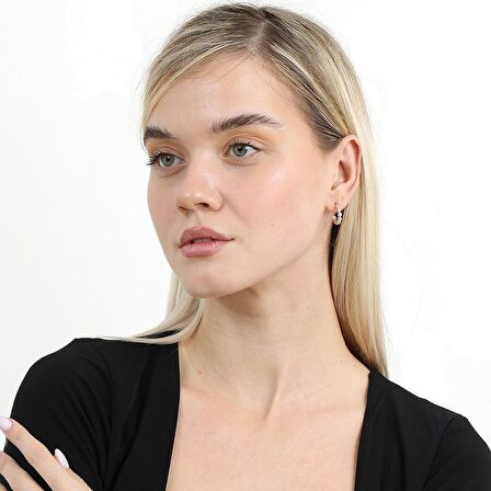 Sıralı Zirkon Taşlı Rose Renk Yarım Tur 925 Ayar Gümüş Kadın Küpe