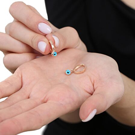 Mavi Mineli Nazar Boncuğu Detaylı Rose Renk 925 Ayar Gümüş Kadın Küpe