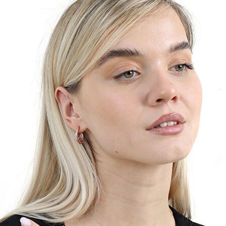 Beyaz Zirkon Taşlı Üç Sıralı Rose Renk 925 Ayar Gümüş Kadın Küpe