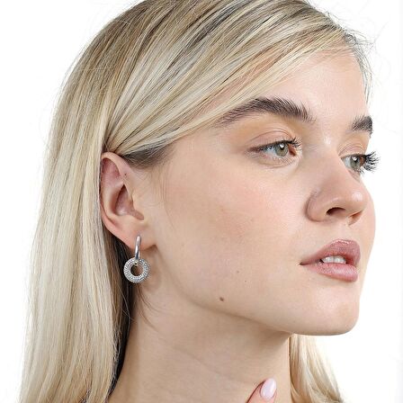 Beyaz Zirkon Taşlı Hulahop Model Silver Renk 925 Ayar Gümüş Kadın Küpe