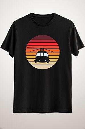 Erkek Siyah Helicopter Silhouette Retro Vintage Sunset