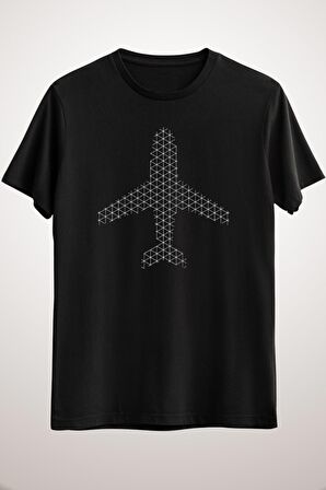 Erkek Siyah Plane Silhouette With Vector Grid Lines T-Shirt