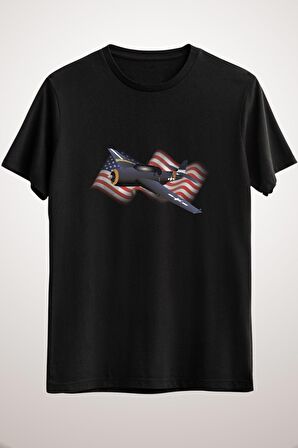 Erkek Siyah American Ww2 Airplane With Us Flag