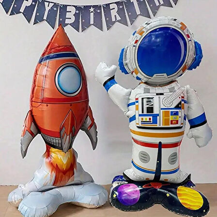 3'lü Karikatür Roket & Astronot Folyo Balon Seti