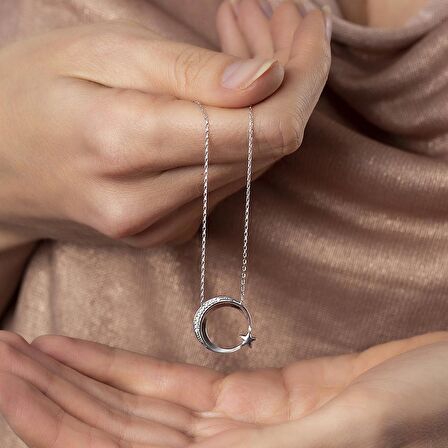 Beyaz Zirkon Taşlı Ayyıldız Tasarım 925 Ayar Gümüş Kadın Kolye