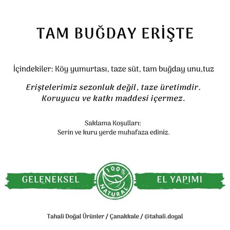 Tahali Çanakkale Tam Buğday Eriştesi 400 gr – Kepekli, Geleneksel Üretim