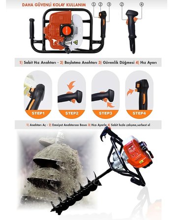 Haktaş TMDB620 Benzinli Toprak Burgu Makinesi 62cc Çap 20 cm