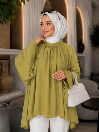 Tül Modal Astarlı Rahat Kalıp Tunik – Beyaz & Yağ Yeşili | Günlük ve Şık Tesettür Kombini