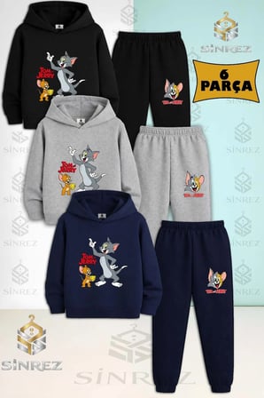Çocuk Unısex TOM VE JERRY ELINDE PEYNIR 3Lu Kapşonlu Eşofman Takımı