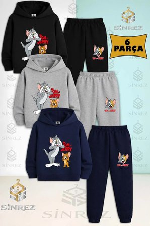 Çocuk Unısex TOM VE JERRY ELLER KALP 3Lu Kapşonlu Eşofman Takımı
