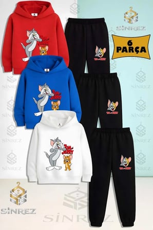 Çocuk Unısex TOM VE JERRY ELLER KALP 3Lu Kapşonlu Eşofman Takımı