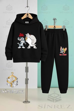 Çocuk Unısex TOM VE JERRY KOPEKLI 3Lu Kapşonlu Eşofman Takımı