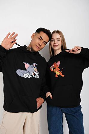 Siyah Unisex Ikili Tom Ve Jerry Baskılı Oversize Kapüşonlu Sweatshirt Hoodie