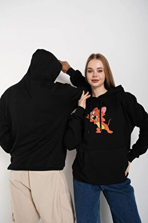 Siyah Unisex Ikili Tom Ve Jerry Baskılı Oversize Kapüşonlu Sweatshirt Hoodie