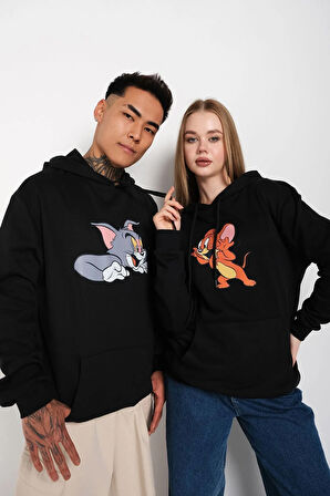 Siyah Unisex Ikili Tom Ve Jerry Baskılı Oversize Kapüşonlu Sweatshirt Hoodie