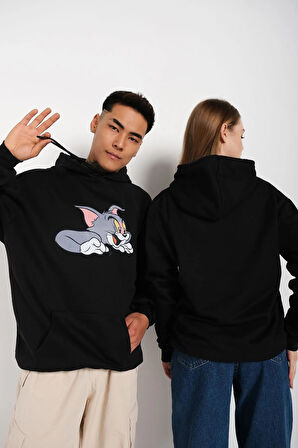 Siyah Unisex Ikili Tom Ve Jerry Baskılı Oversize Kapüşonlu Sweatshirt Hoodie