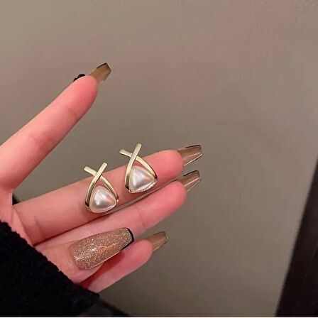 Vintage Esintili Şık Tasarım İncili Geometrik Desen Küpe