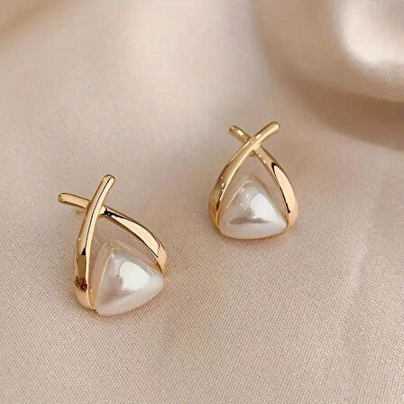 Vintage Esintili Şık Tasarım İncili Geometrik Desen Küpe