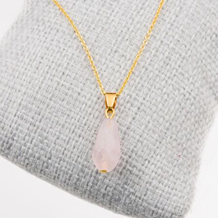 Pembe Kuvars Taşı Kolye-Gold Renk