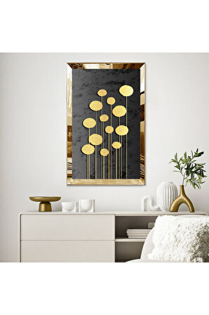Gümüş Aynalı Pleksi Çerçeveli Modern Altın Renkli Çiçekler Mdf Tablo