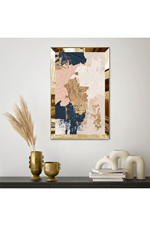 Gold  Aynalı Pleksi Çerçeveli Mavi Pembe Ve Altın Renkli Yağlı Boya Tarzında Soyut Tasarım Tablo